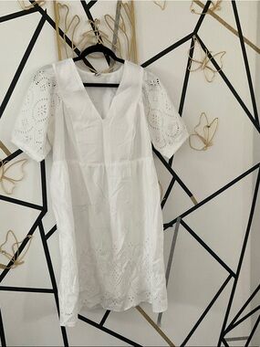 White Eyelet V-Neck Midi Dress